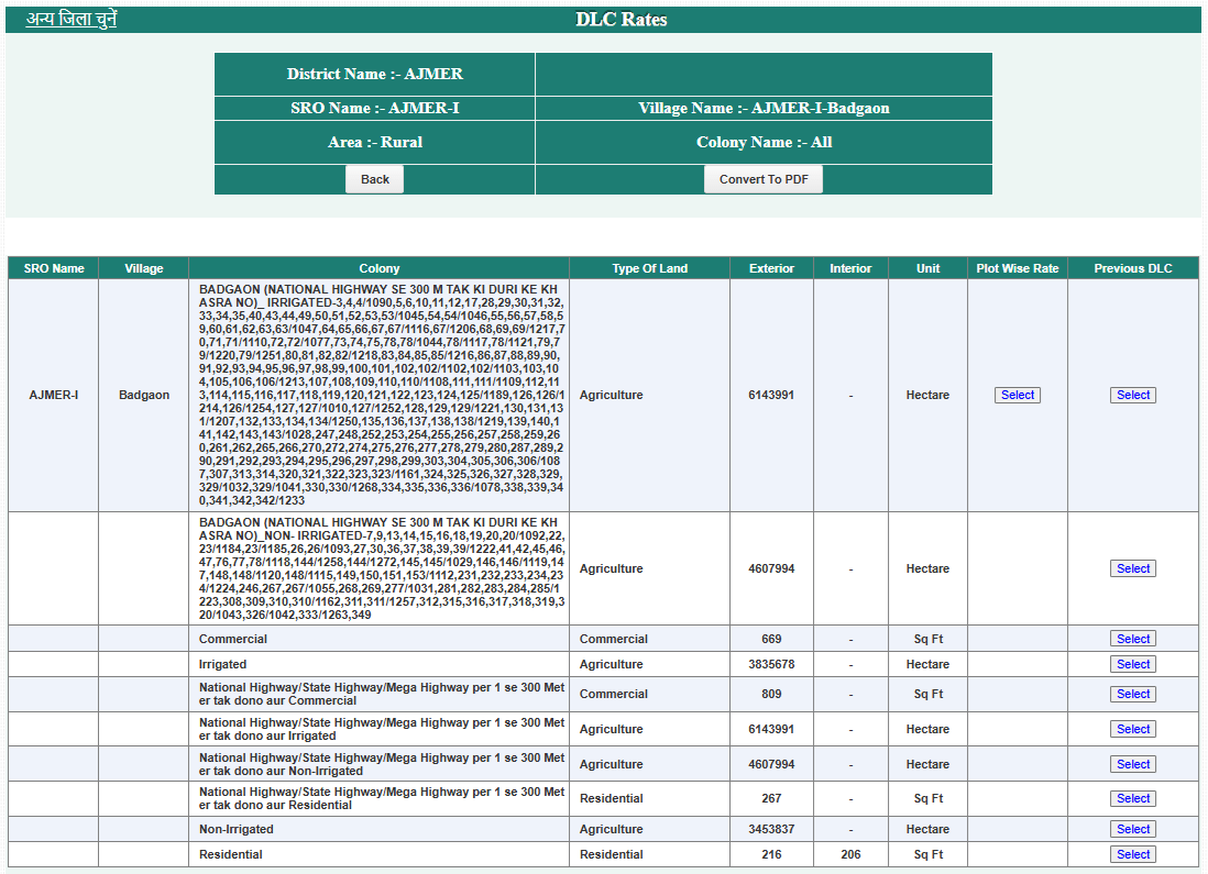 epanjiyan Rajasthan DLC Rate Find