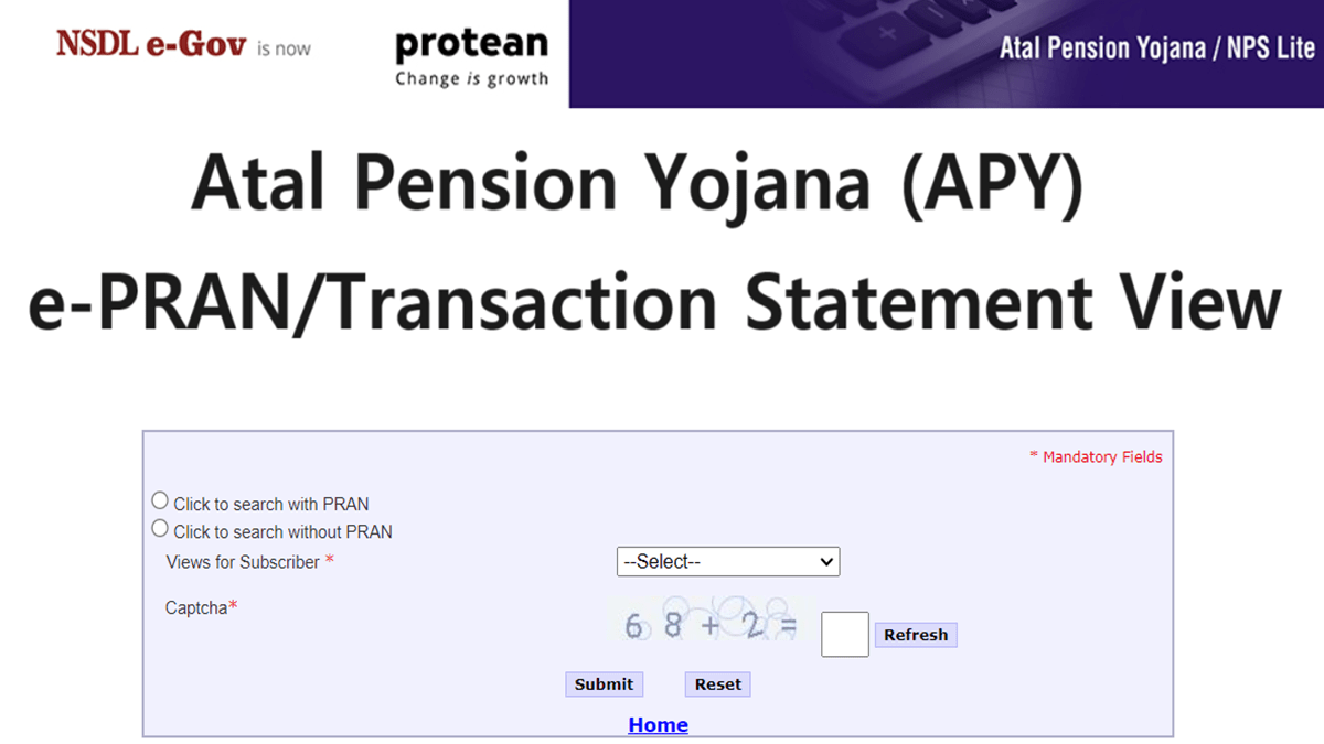 APY Transaction Statement with/without PRAN