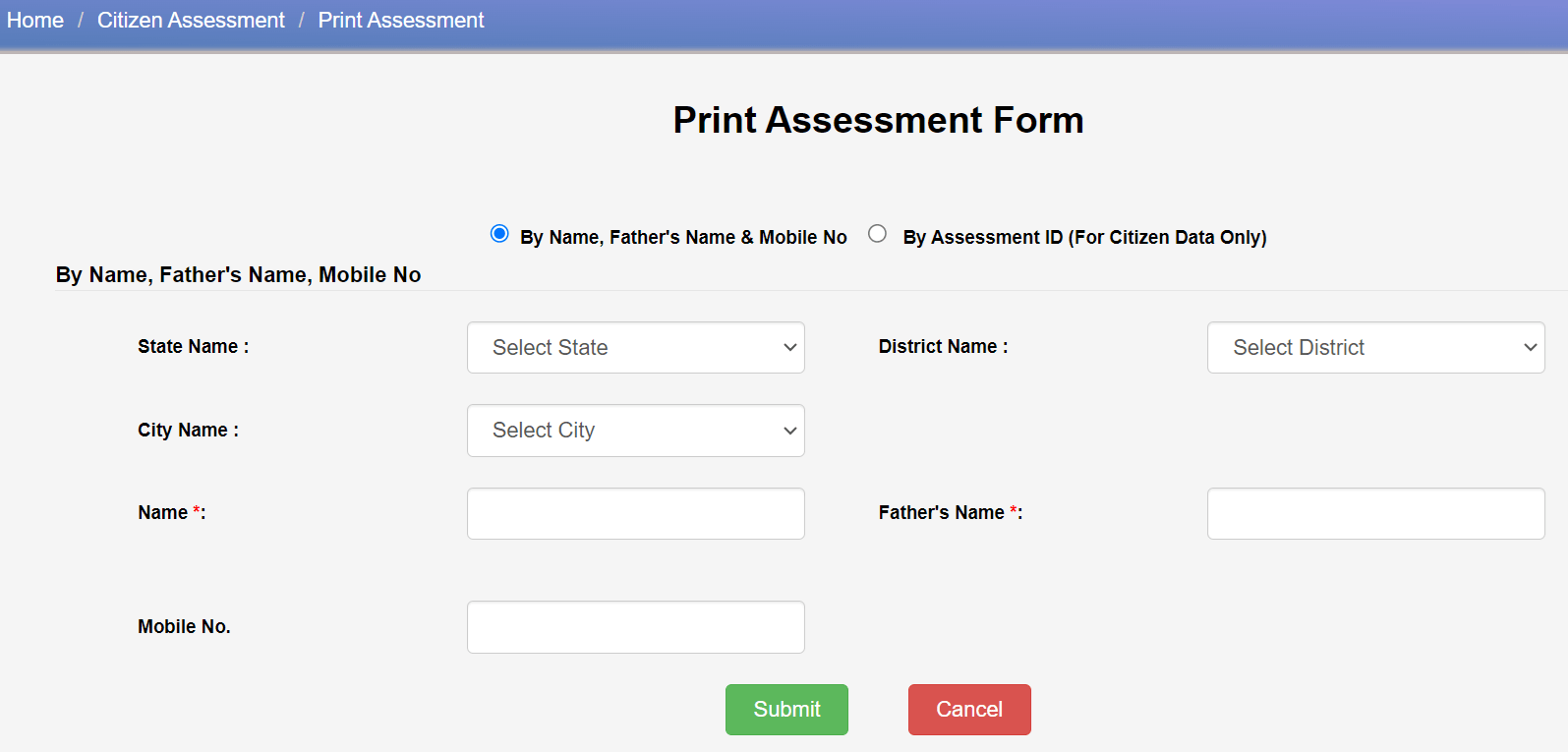 PMAY Assessment Form Print by Name or Mobile No