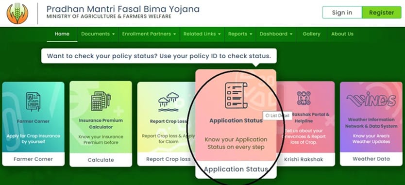 pmfby.gov.in Application Status Option