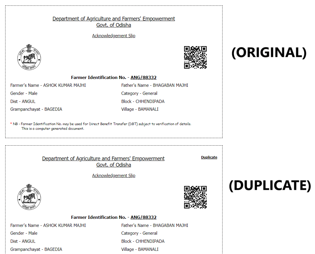 Agrisnetodisha Farmer ID Acknowledgement Receipt