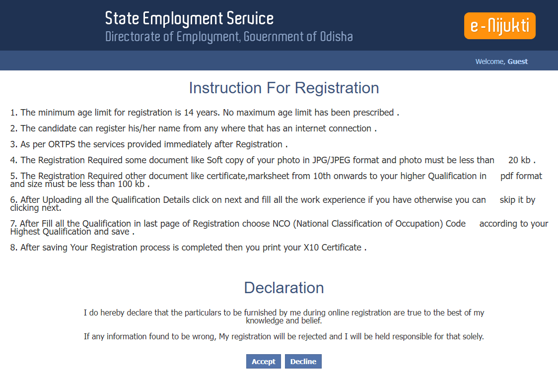 e-nijukti Odisha Registration Instructions & Declaration