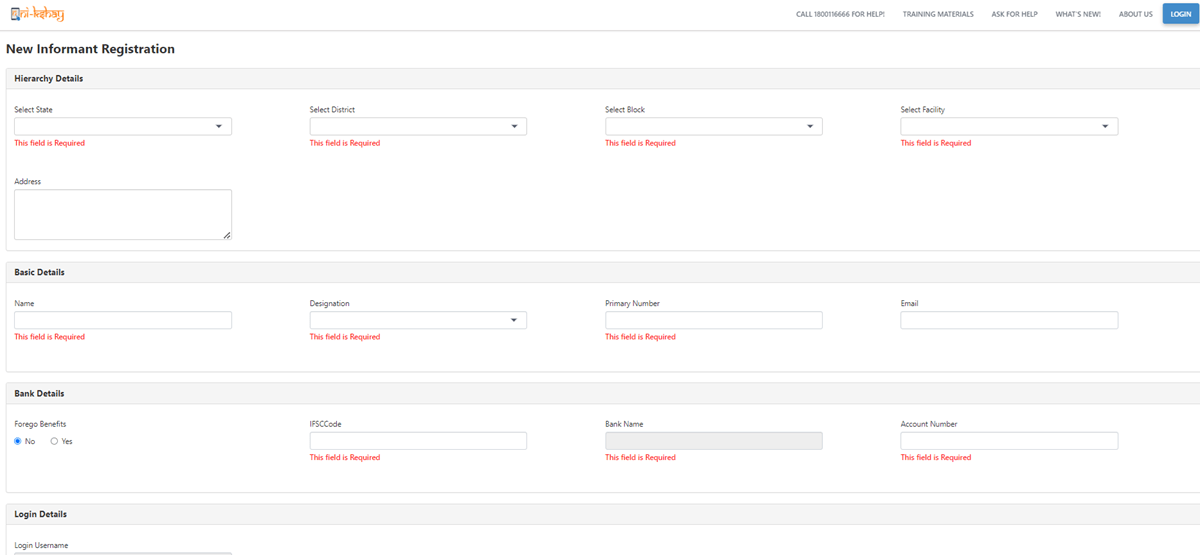 Nikshay Portal New Informant Registration