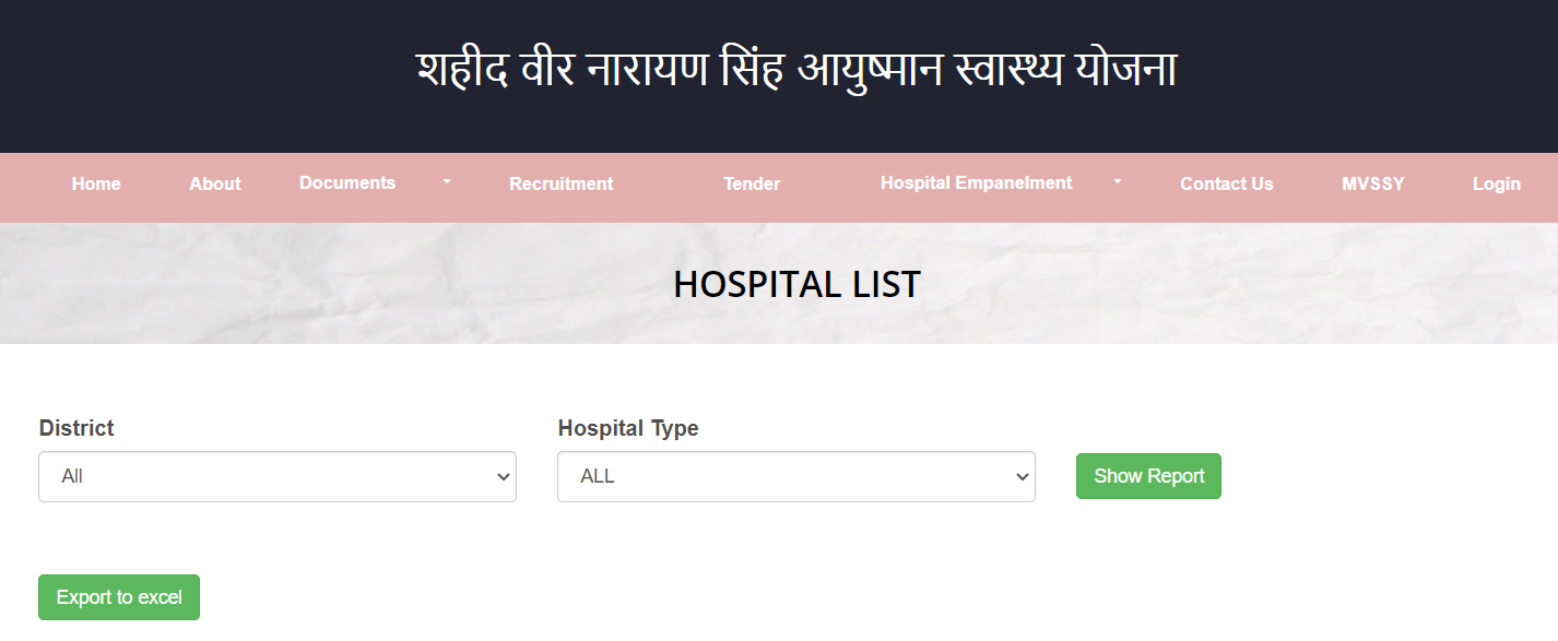 Search Hospitals Shaheed Veer Narayan Singh Ayushman Swasthya Yojana