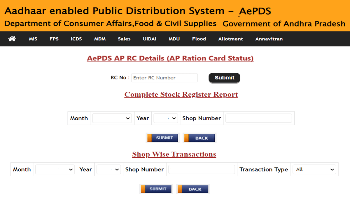 Aepds AP RC Details, Stock Register, Shop Wise Transactions