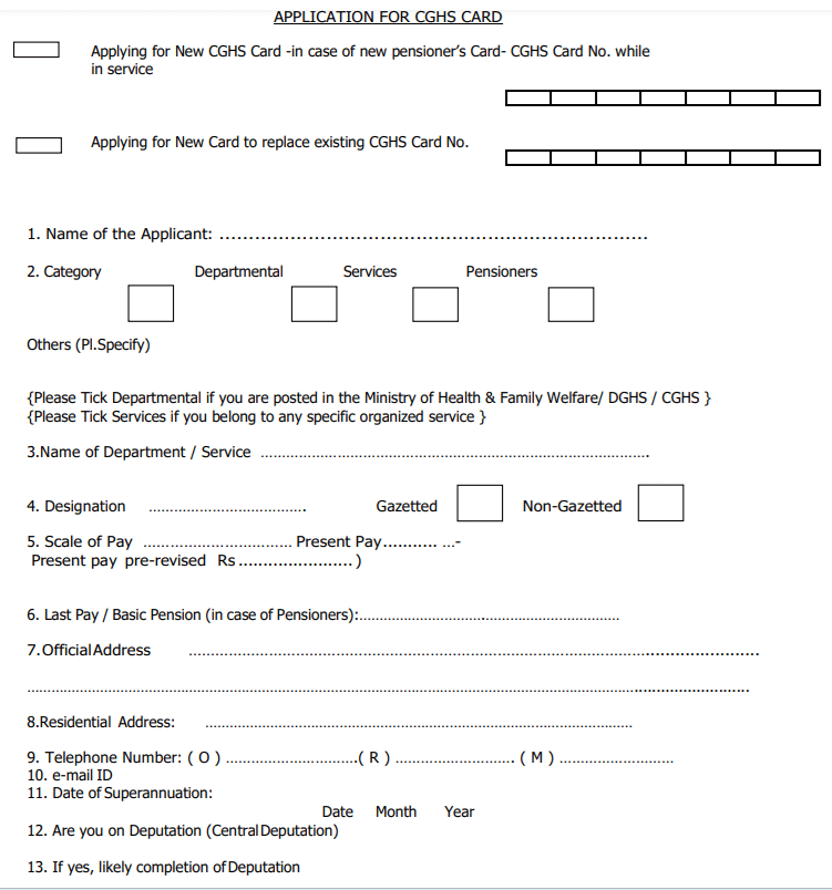 CGHS Application Form New Plastic Card