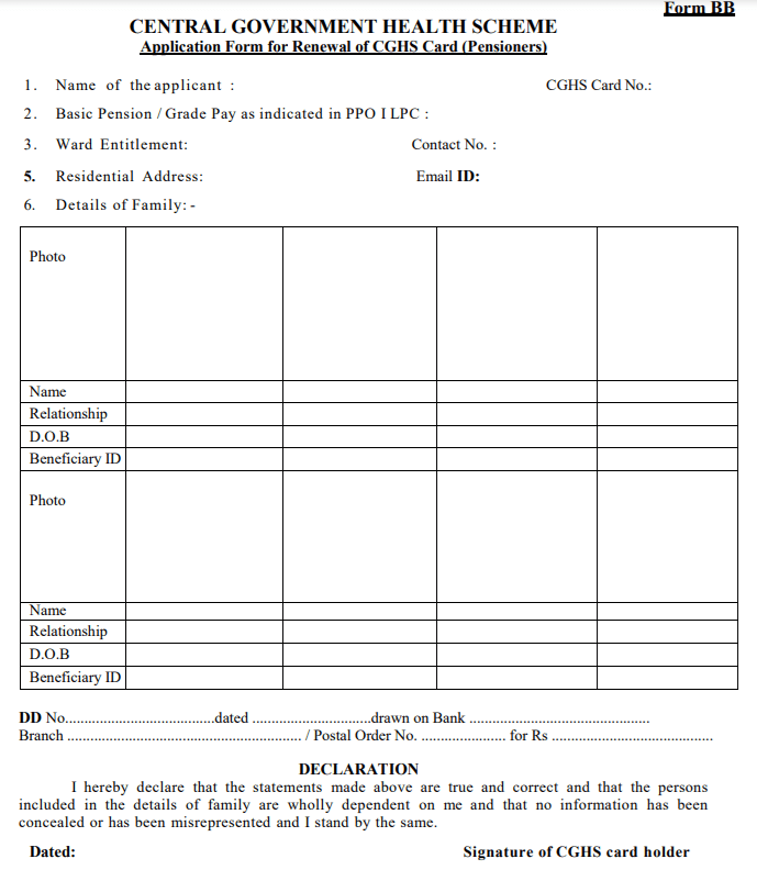 CGHS Renewal Application Form Pensioners PDF