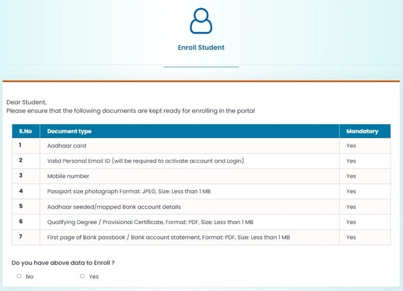 Documents Required to Enroll Students in NATS