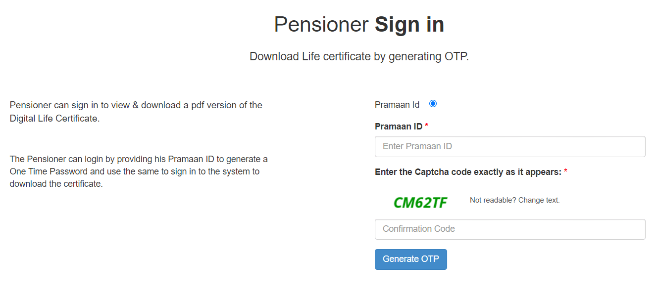 Download Life Certificate by Generating OTP