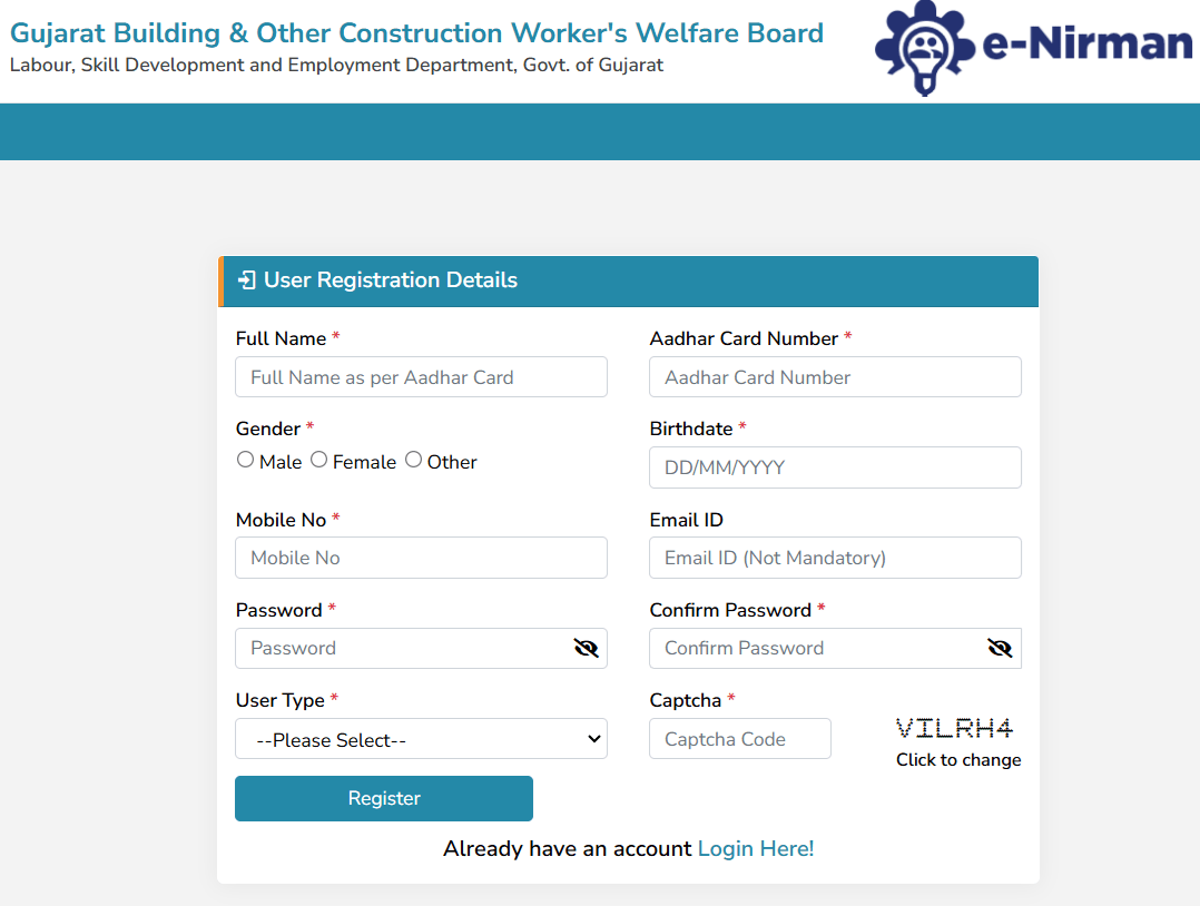 Gujarat e-nirman BOCW Portal Registration