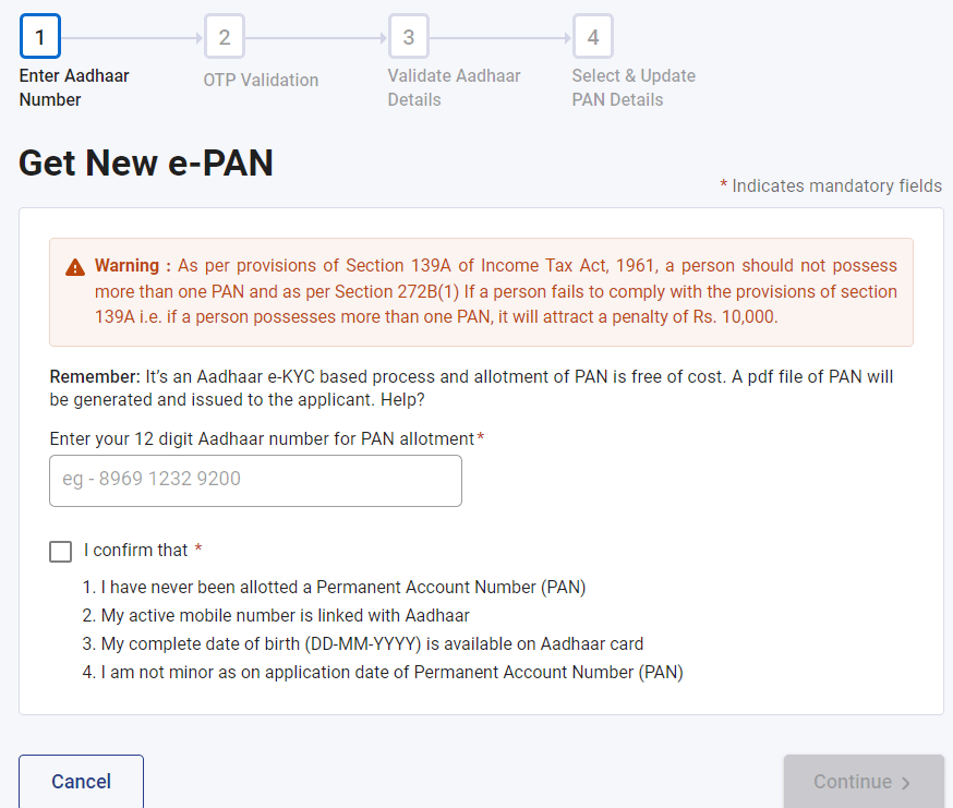 Instant e-pan Apply with Aadhaar No