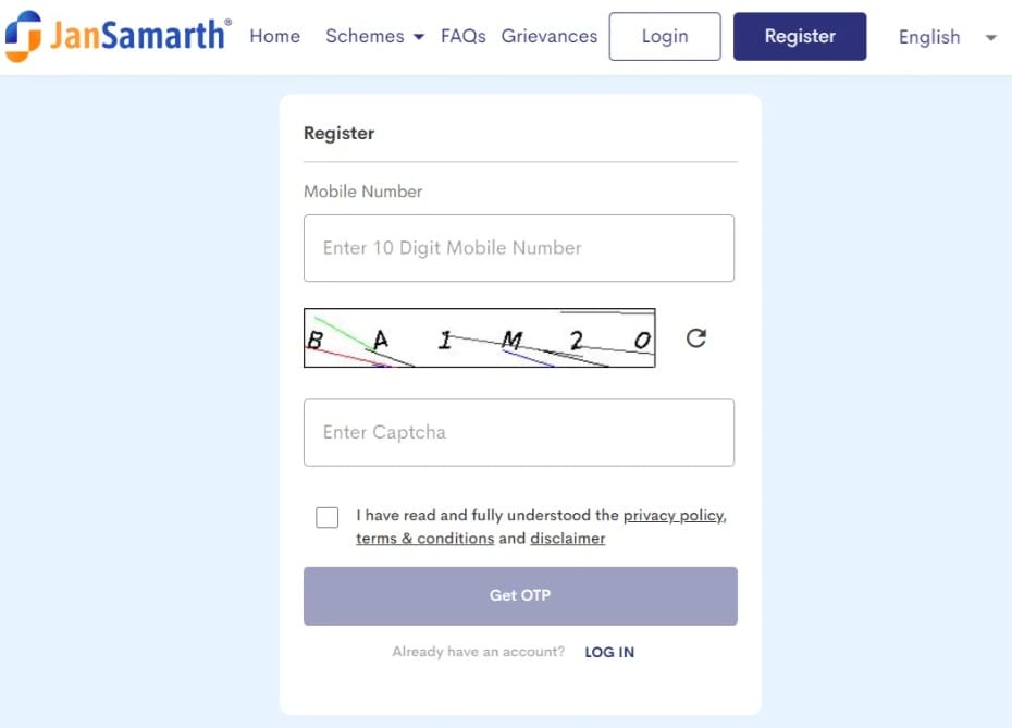 Jan Samarth Portal Registration Page