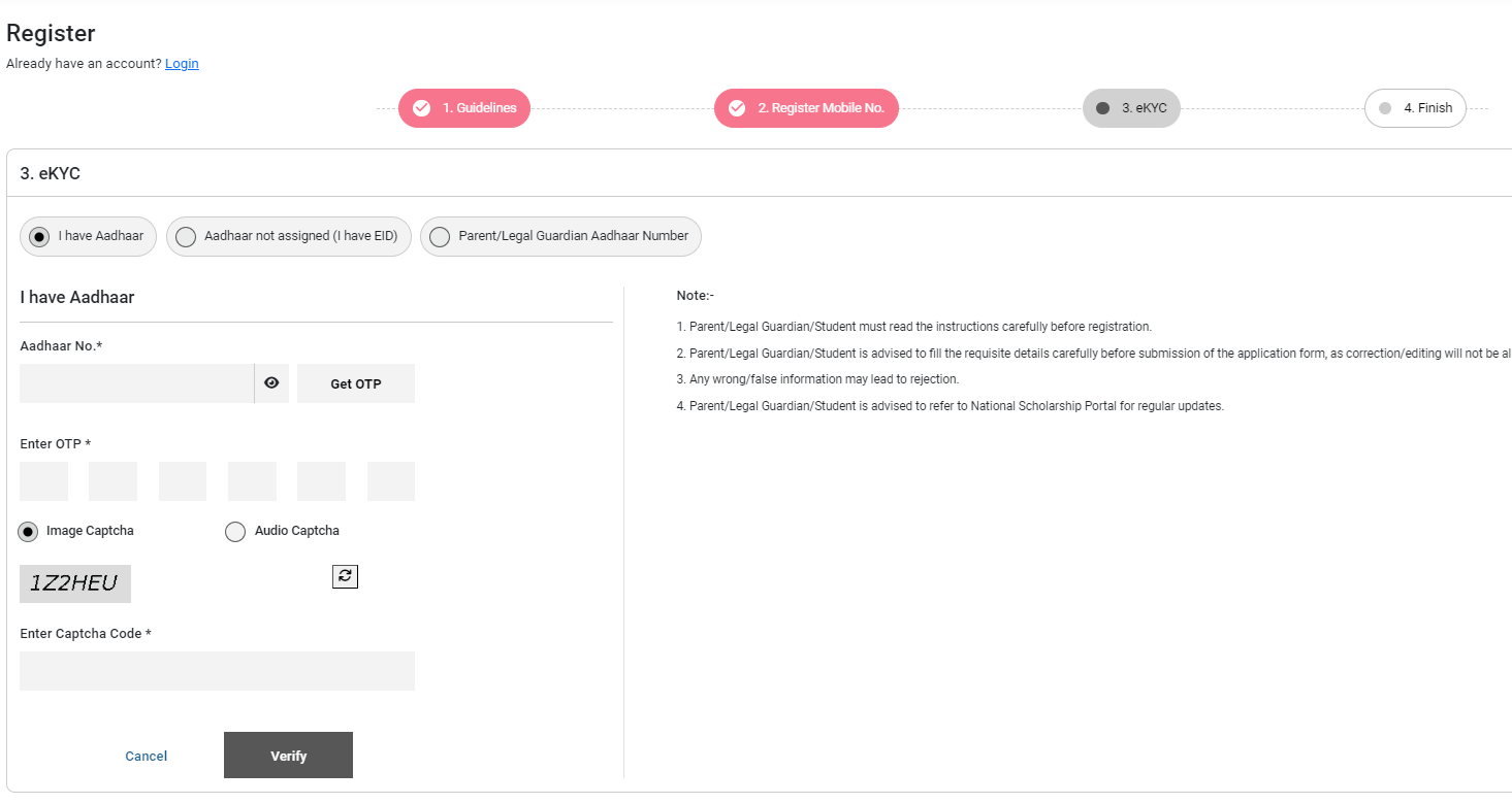 National Scholarship Portal OTR Registration e-kyc
