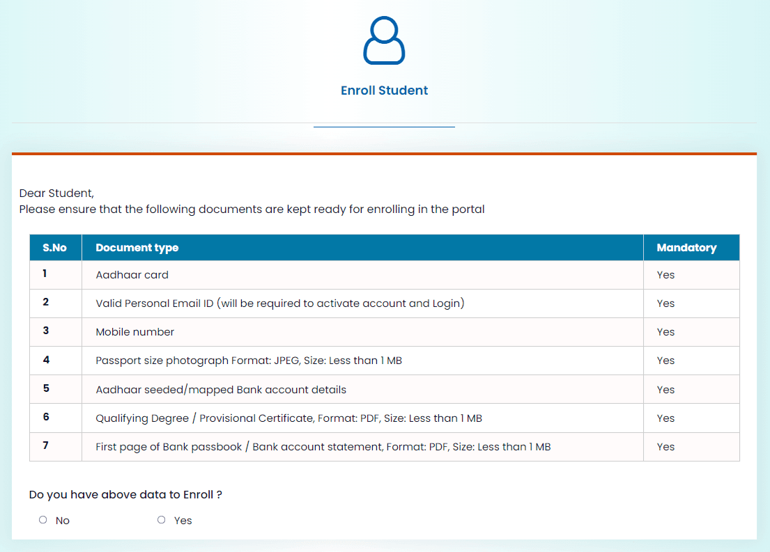 NATS Portal Documents Student Enrollment