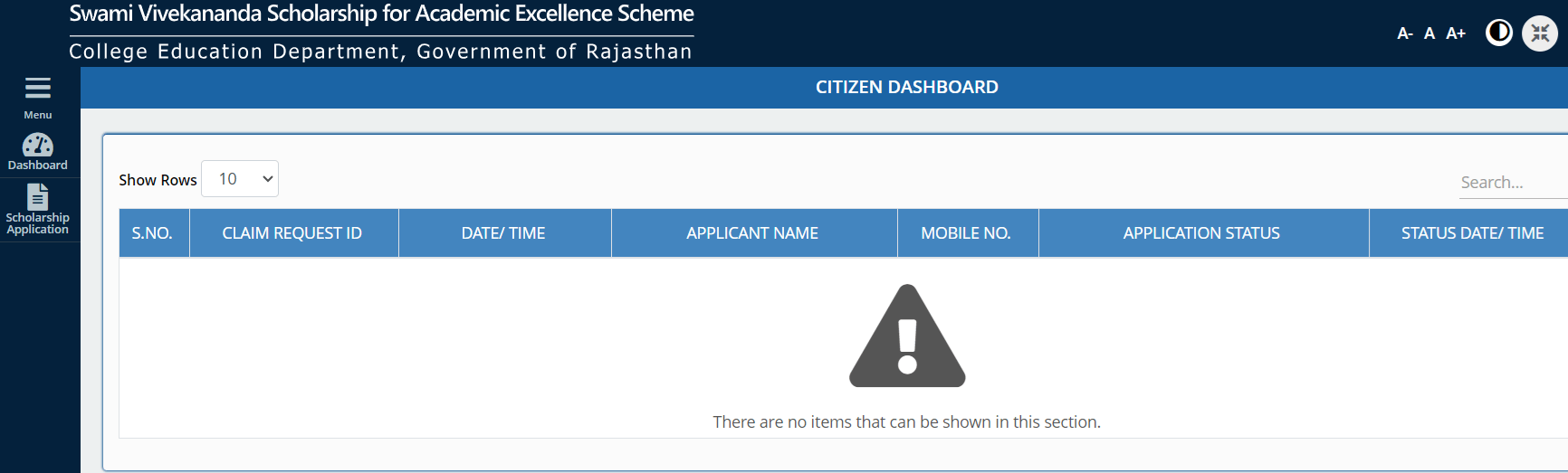 Scholarship Rajasthan Portal Citizen Dashboard