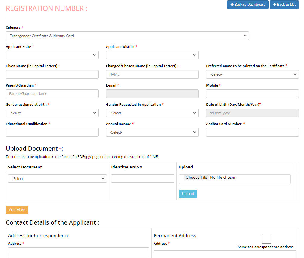 Transgender Certificate ID Card Online Form