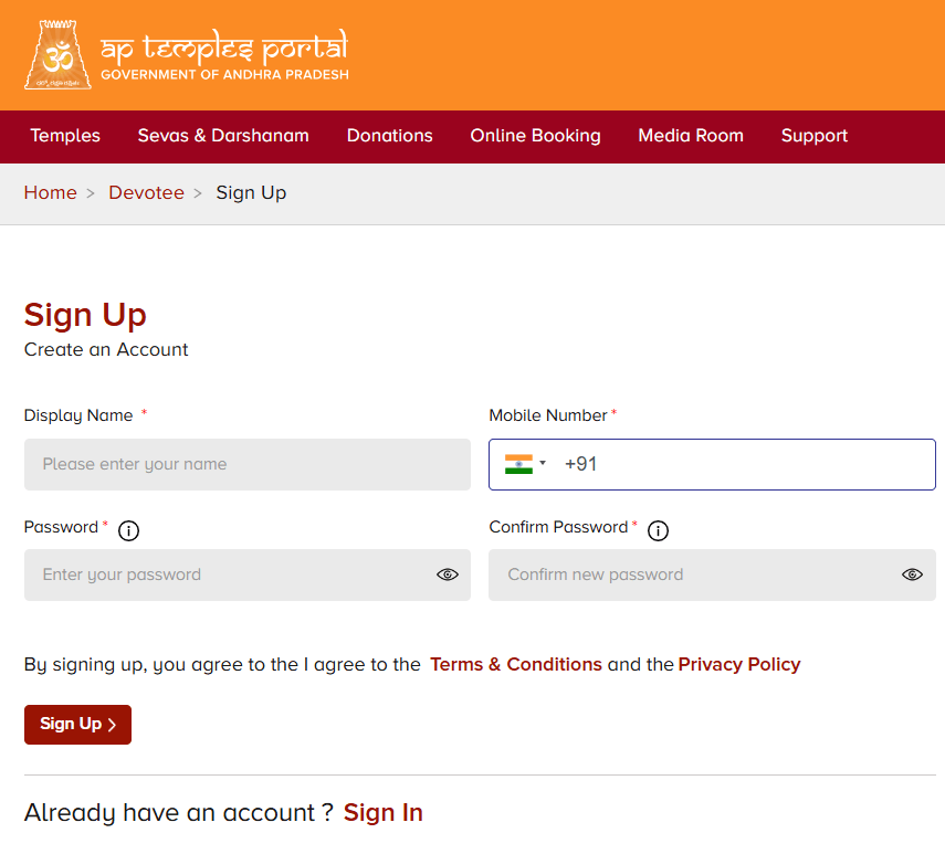 AP Temples Portal Registration Page