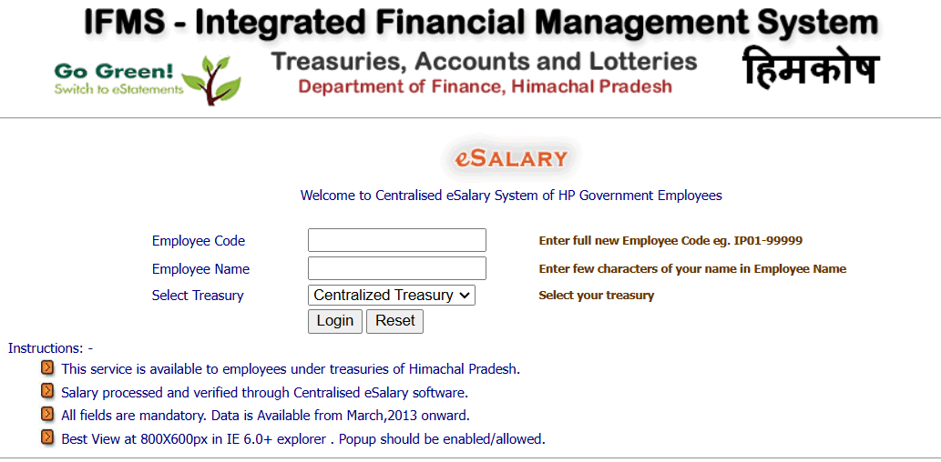 esalary HP Govt Employees Login