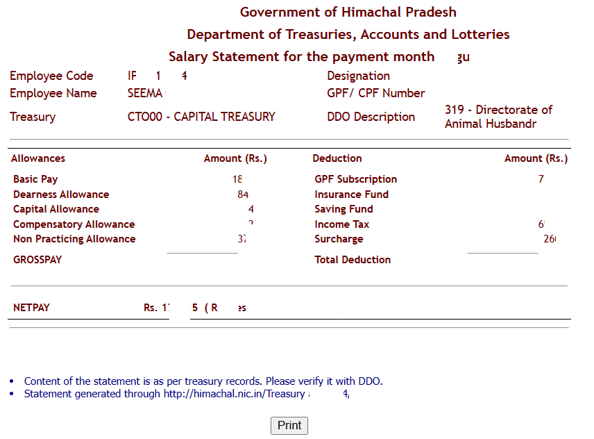 esalary HP Govt Employees Salary Slip View