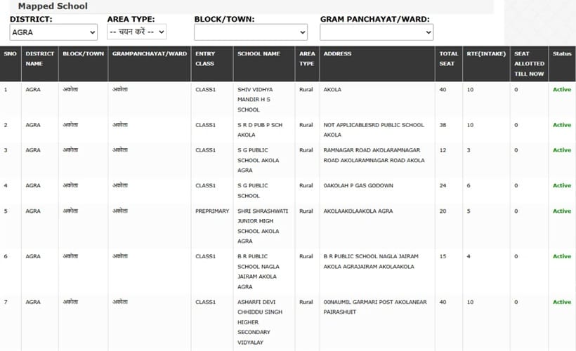 Check RTE UP School List District Wise
