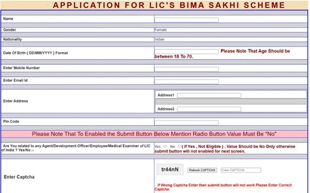 LIC Bima Sakhi Yojana Registration Form