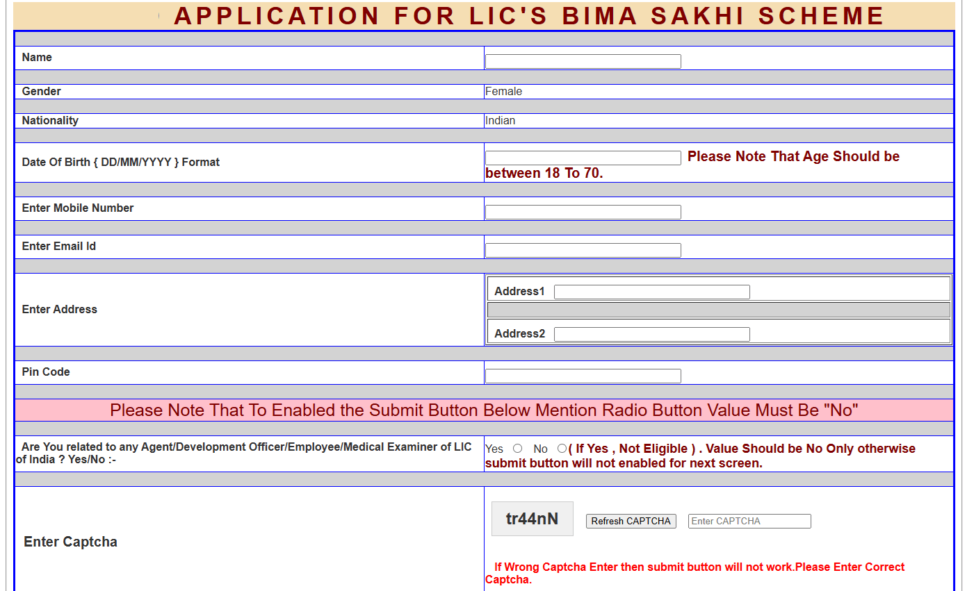 PM Bima Sakhi Yojana Registration Form