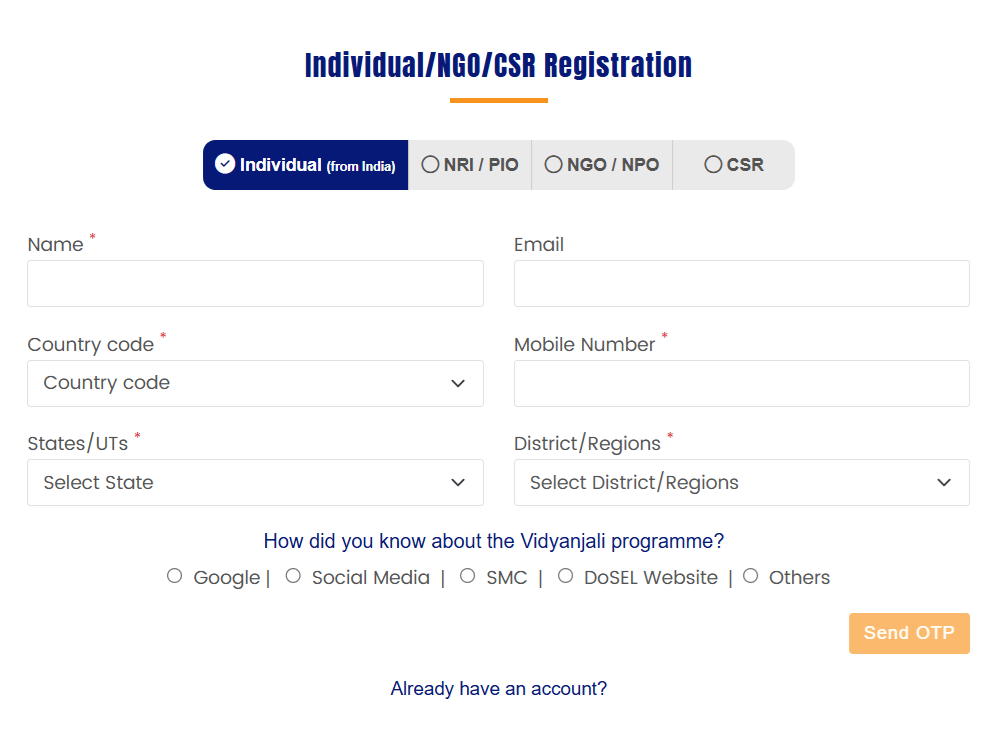 Vidyanjali Education Gov In Registration as Volunteer