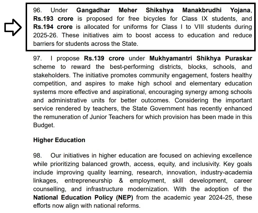Gangadhar Meher Sikshya Manakbrudhi Yojana Budget Speech 2025-26