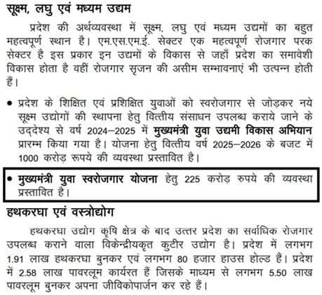 Mukhyamantri Yuva Swarojgar Yojana UP Budget 2025-26