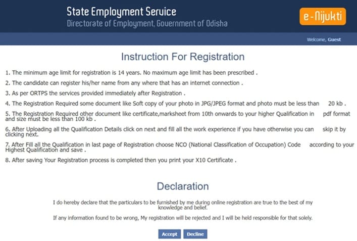 Check e-nijukti Odisha Registration Instructions
