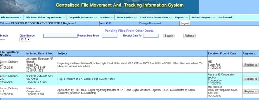 Cefmatis Haryana Pending File Tracking From Other Dept