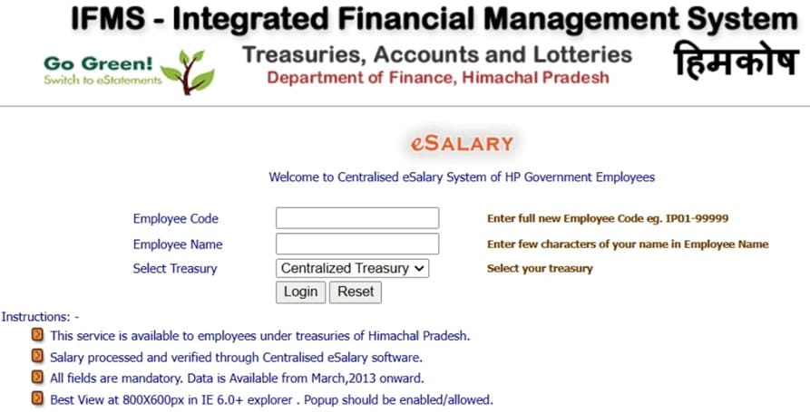 Himkosh HP Treasury Portal Login