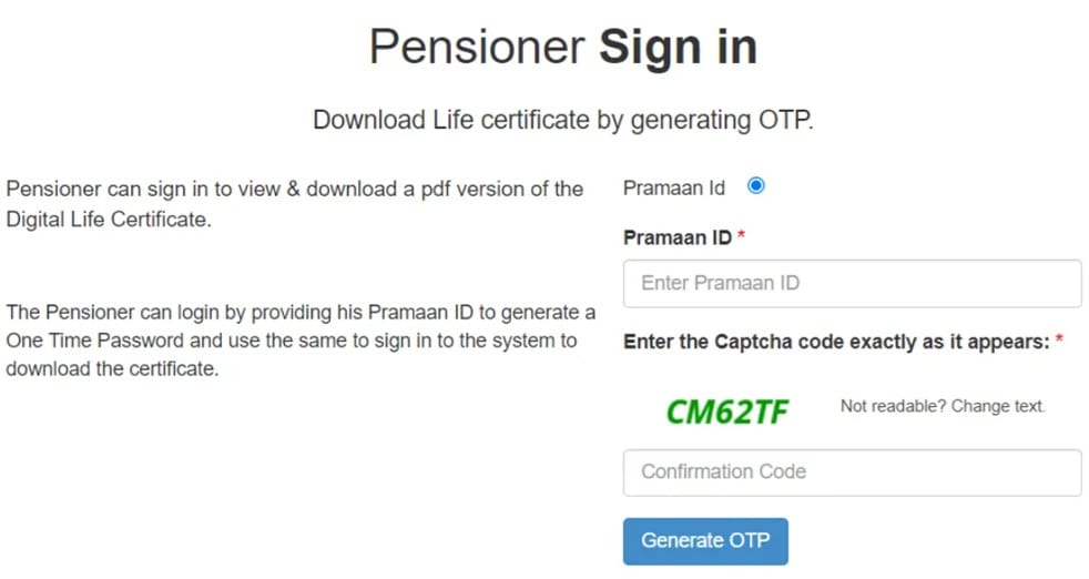 Page to Download Life Certificate by Generating OTP