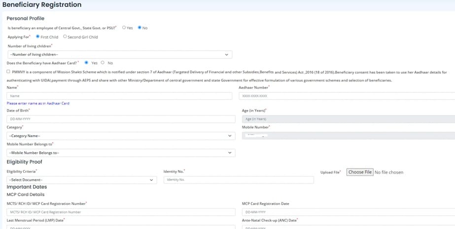PM Matru Vandana Yojana Form Fillup Page