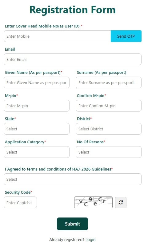 Haj Yatra 2026 Online Registration Form